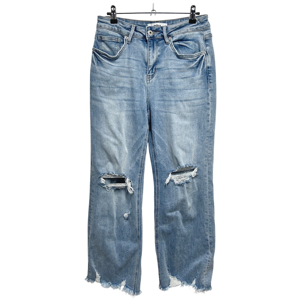 Mica Distressed Straight Leg Jeans 27 Light Blue Wash Raw Hem Indie Denim